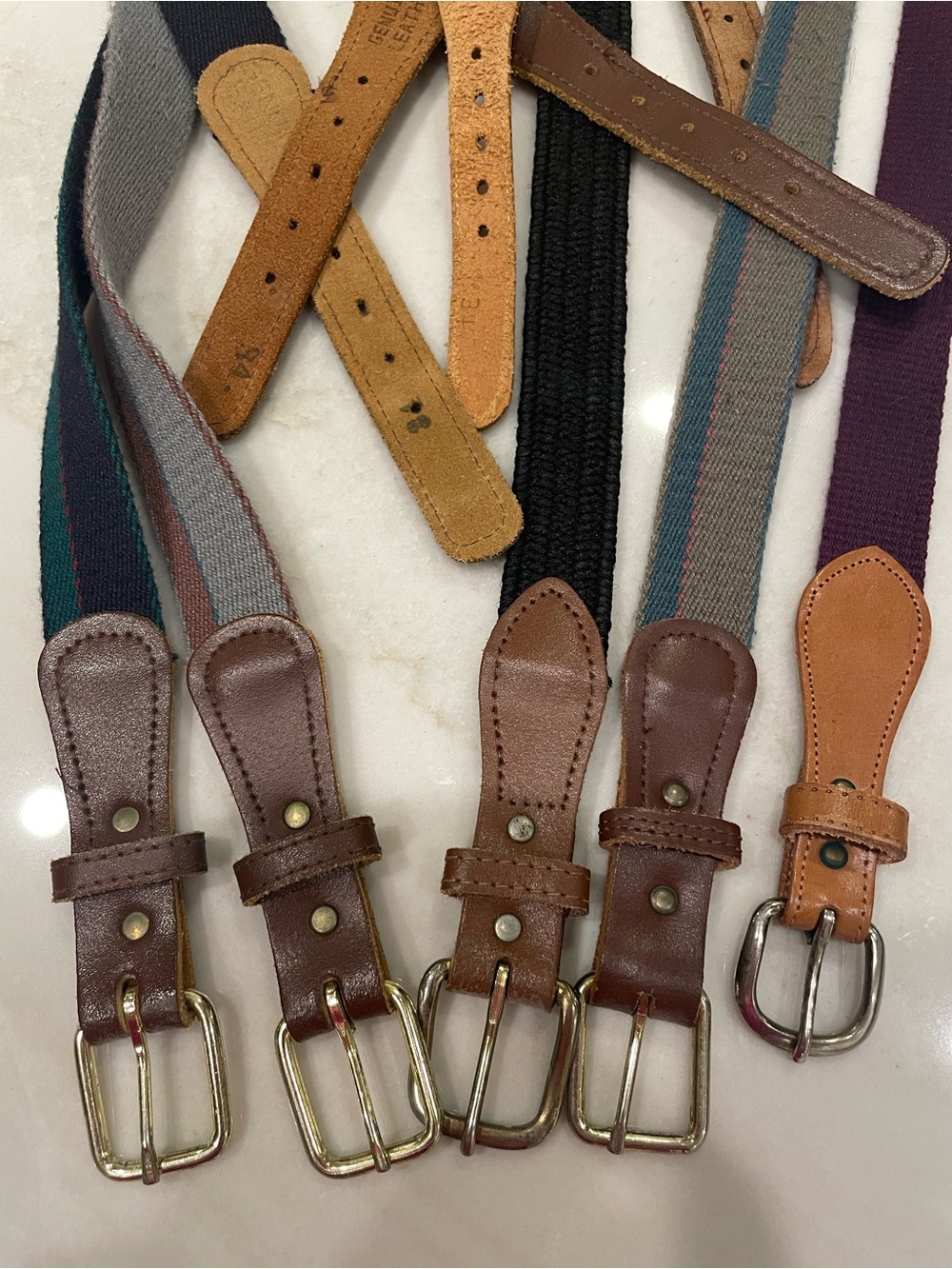 5 Vintage Men's Leather-Trim Striped Canvas Belts - Brown & Multicolor